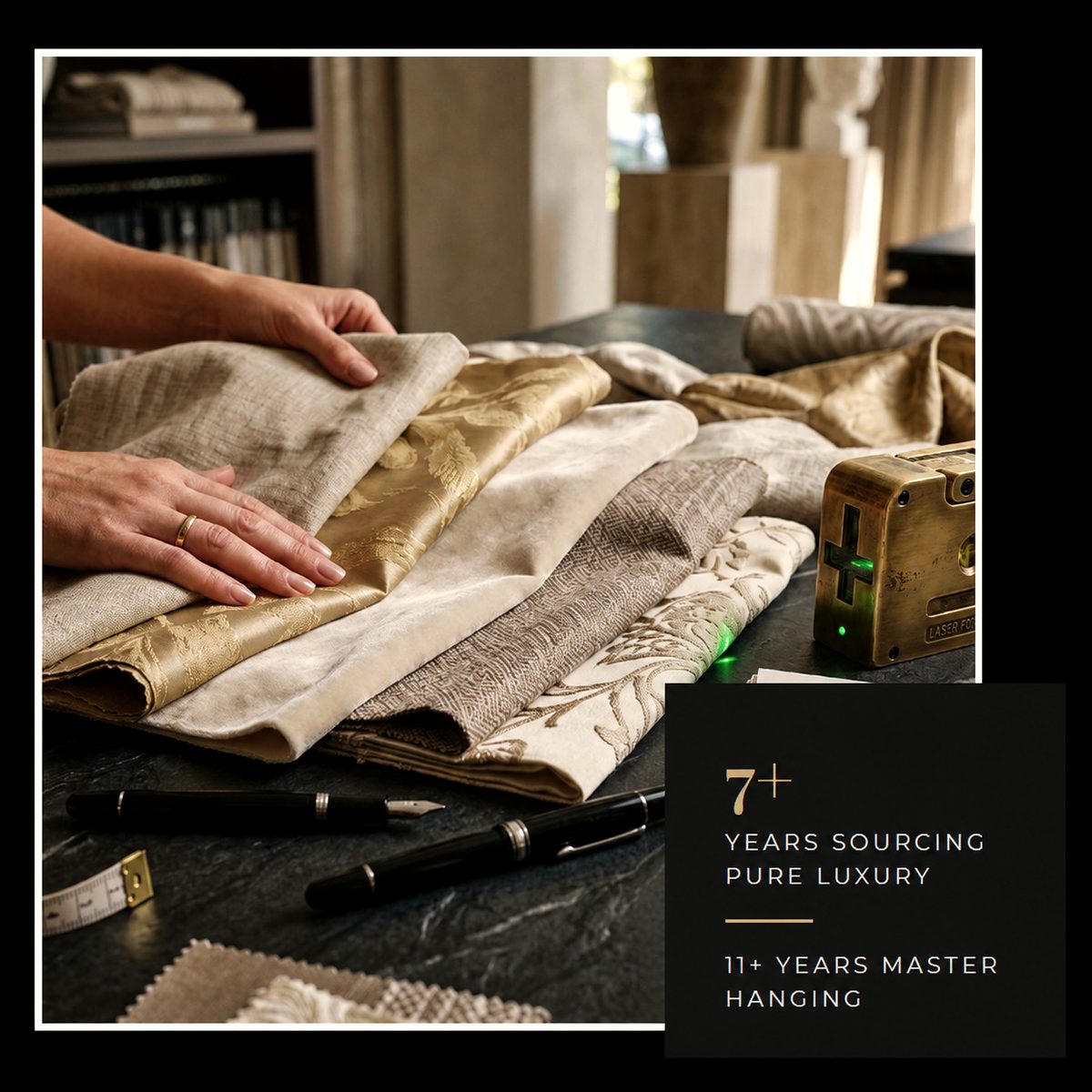 Hands sorting luxury wallcovering and fabric samples at Dream Wall Studio