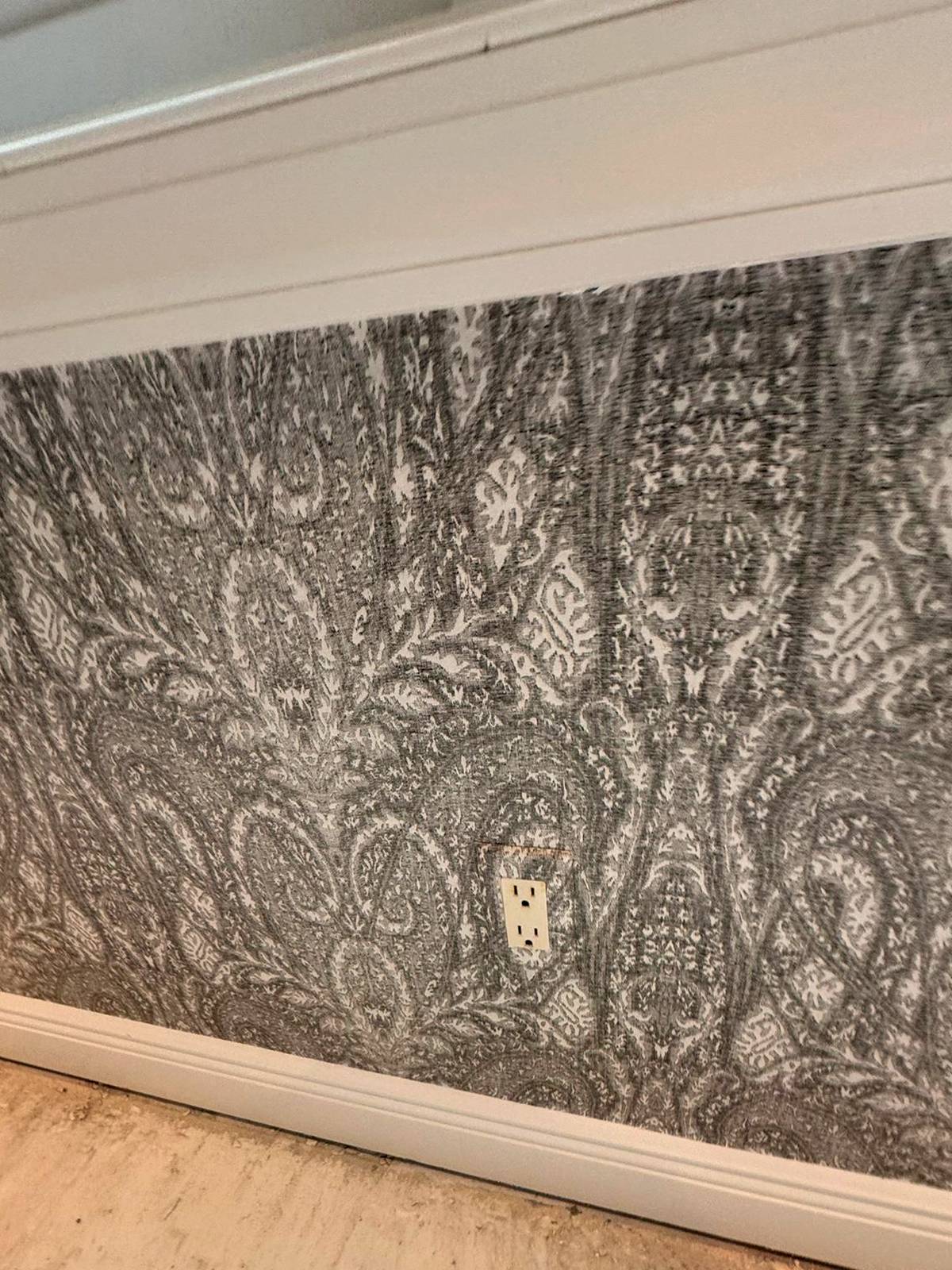 Large-repeat paisley, full wall. A repeat this large forgives nothing: one seam out of register and the whole wall reads crooked.